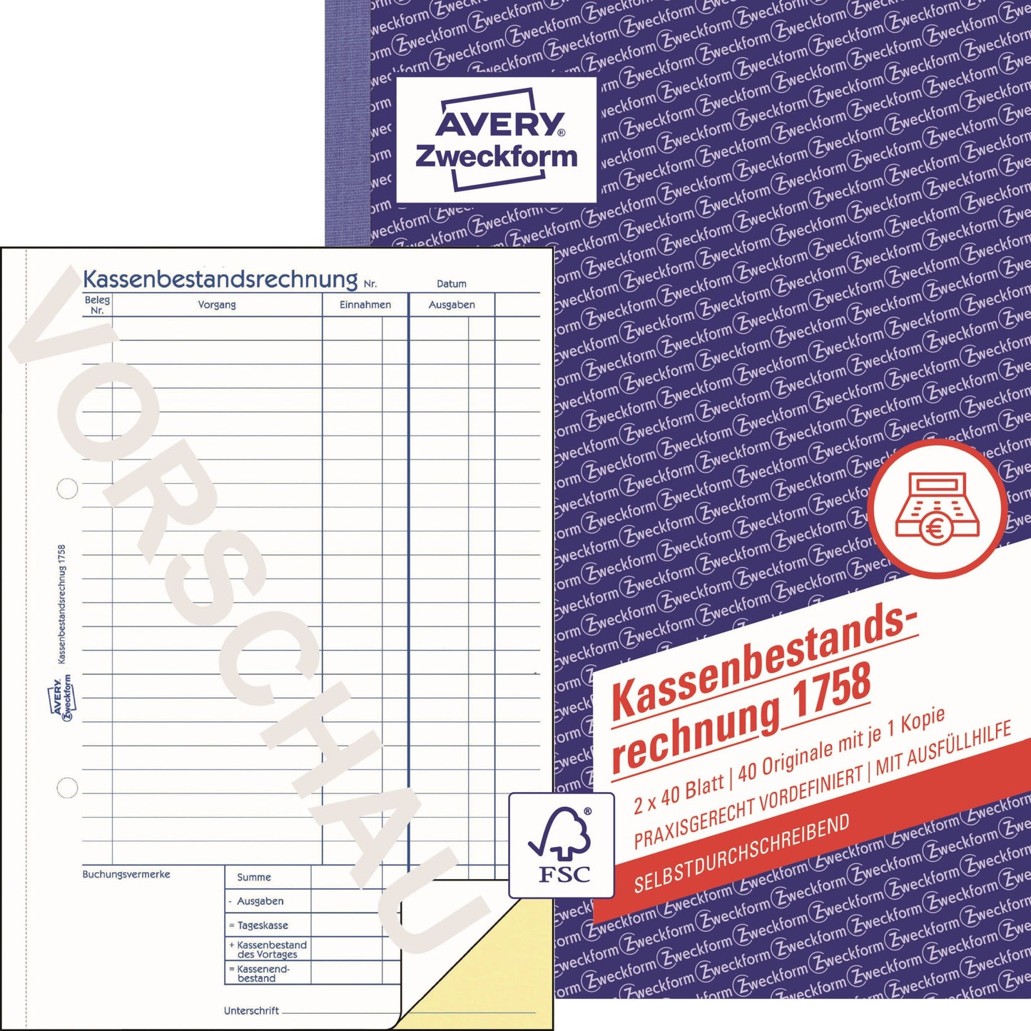 Avery Zweckform Kassenabrechnung 1758 DIN A5 selbstdurchschreibend 1 Durchschlag 2 x 40 Bl.