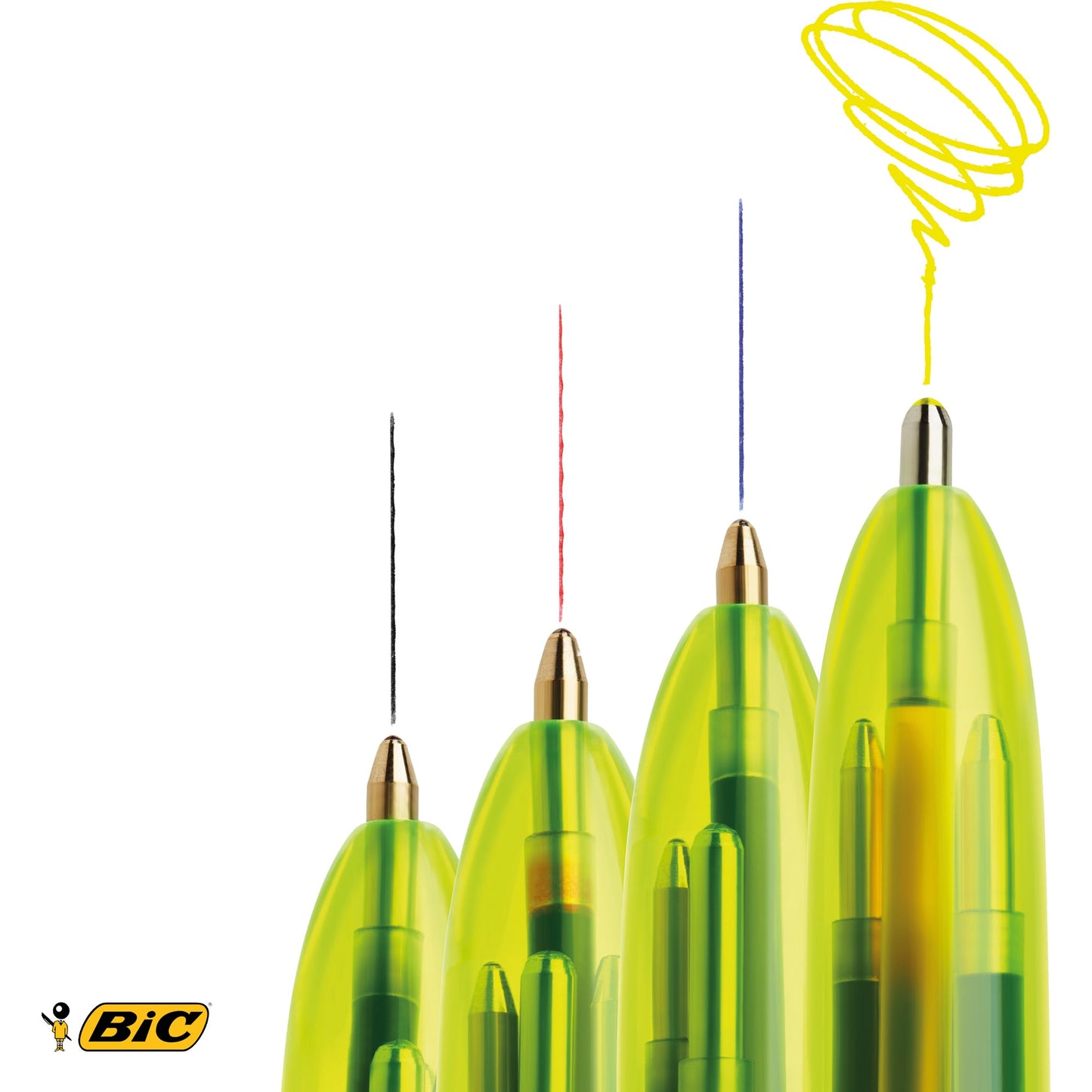 BIC® Mehrfarbkugelschreiber 4 Colours® Fluo blau, schwarz, rot: 0,4 mm, neongelb: 0,6mm blau, schwarz, rot, neongelb Druckmechanik