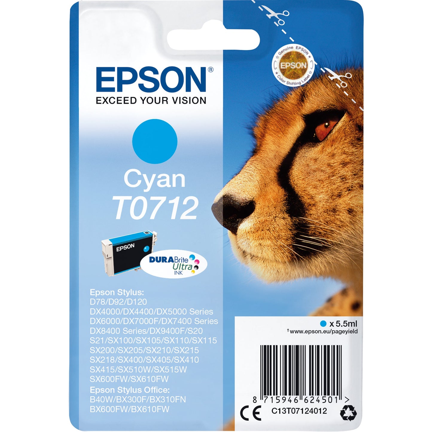 Epson Tintenpatrone Originalzubehör T0712 ca. 345 Seiten cyan 5,5ml