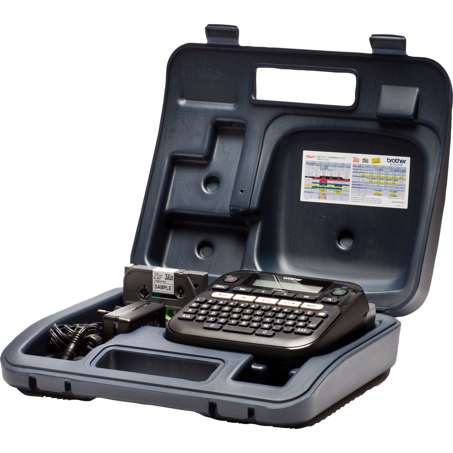 Brother Beschriftungsgerät PT-D210VP 3 Schriftgrößen 2 Druckzeilen inkl. Schriftband (12 mm x 4 m, schwarz auf weiß), Netzadapter, Hartschalenkoffer