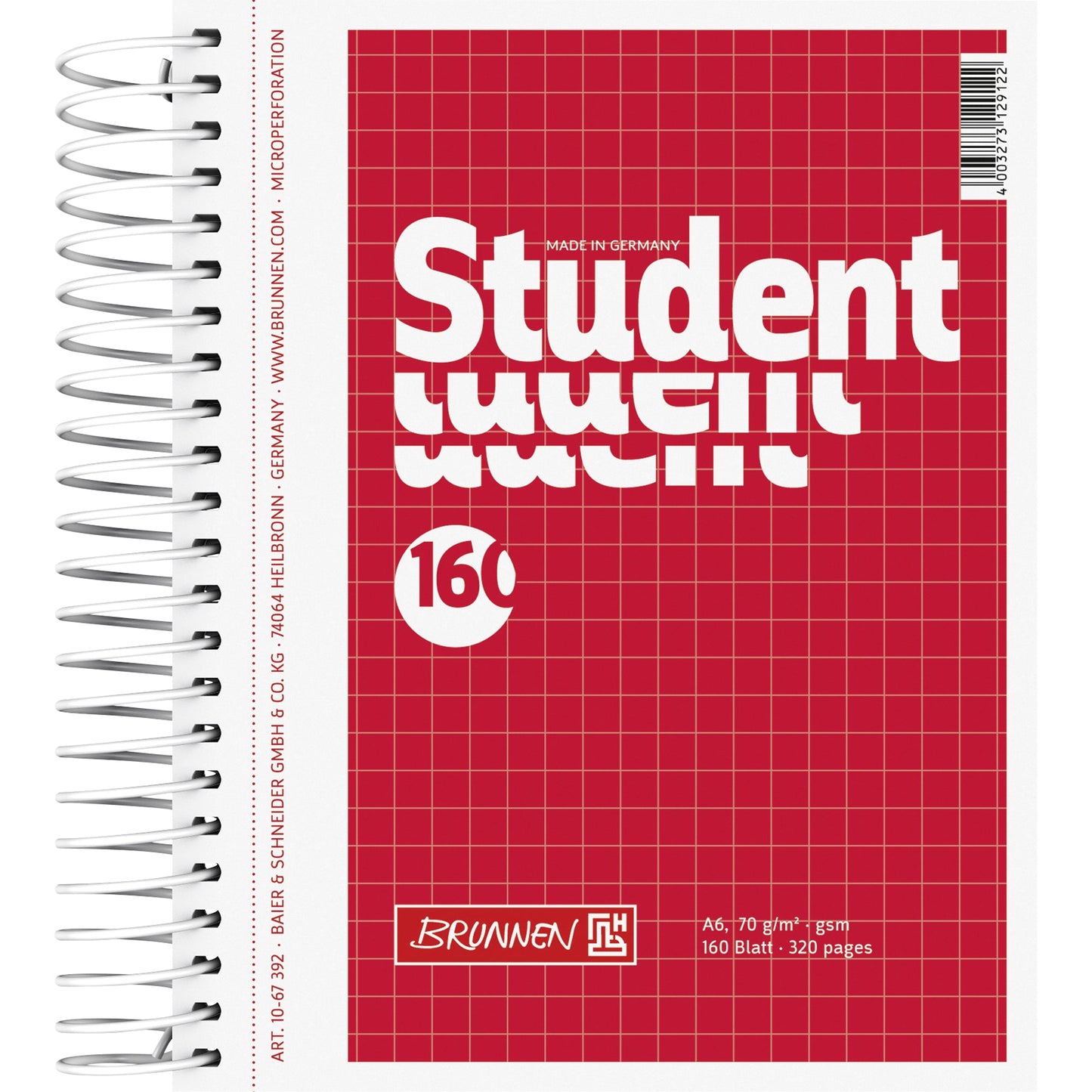 BRUNNEN Collegeblock Student DIN A6 kariert 70g/m² Karton rot 160 Bl.