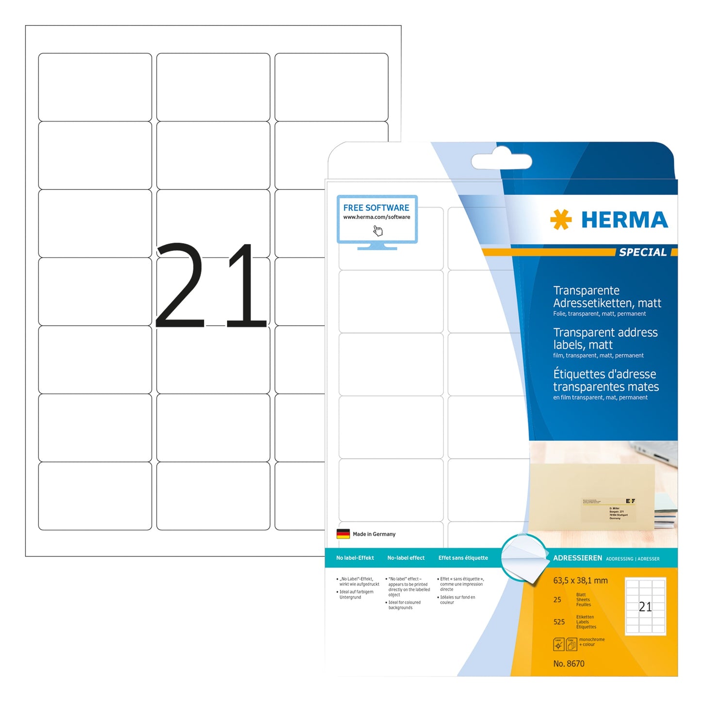 HERMA Adressetikett SPECIAL 63,5 x 38,1 mm (B x H) Polyester transparent 525 Etik./Pack.