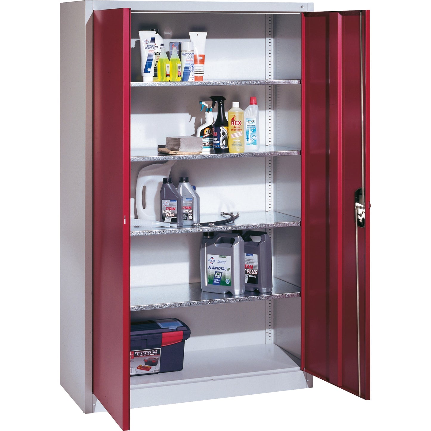 C+P Werkzeugschrank Serie 89 1.200 x 1.950 x 400 mm (B x H x T) Stahl, lackiert Farbe der Front: rubinrot Farbe des Korpus: lichtgrau