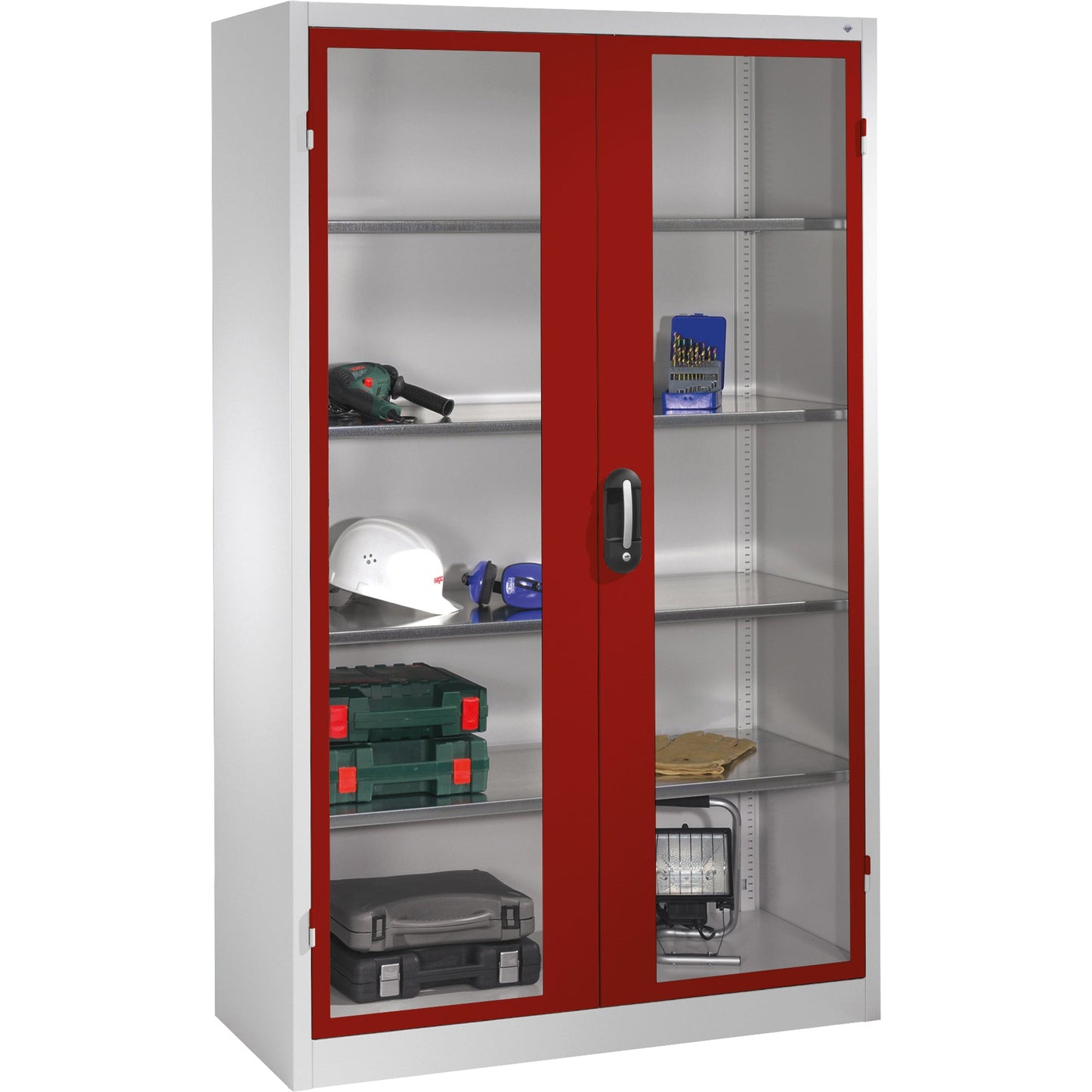 C+P Werkzeugschrank Serie 89 1.200 x 1.950 x 500 mm (B x H x T) Stahl, lackiert Farbe der Front: rubinrot Farbe des Korpus: lichtgrau
