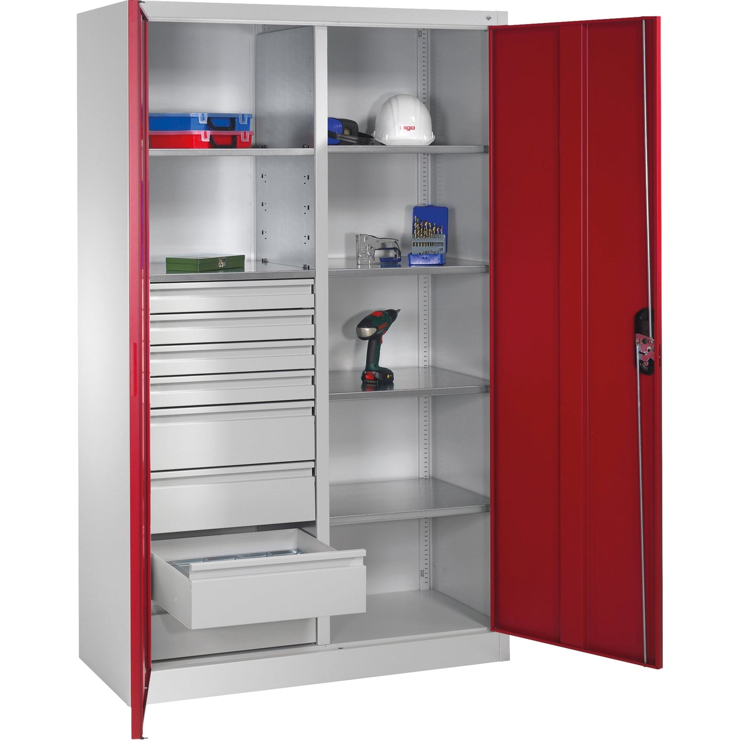 C+P Werkzeugschrank 1.200 x 1.950 x 500 mm (B x H x T) Stahl, lackiert Farbe der Front: rubinrot Farbe des Korpus: lichtgrau