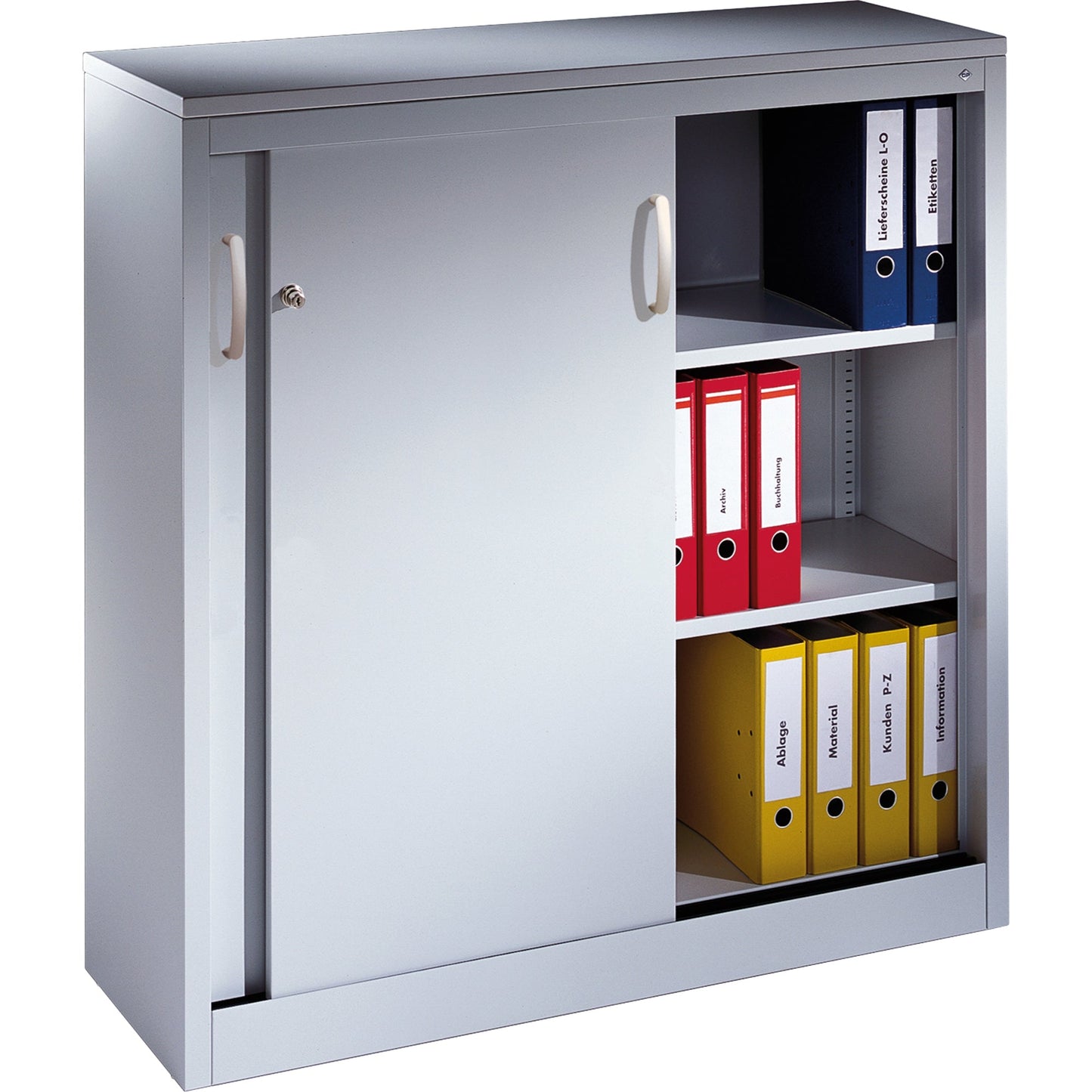 C+P Schiebetürenschrank Acurado 1.200 x 1.200 x 400 mm (B x H x T) 2 Fachböden Stahl, lackiert Farbe der Front: lichtgrau Farbe des Korpus: lichtgrau