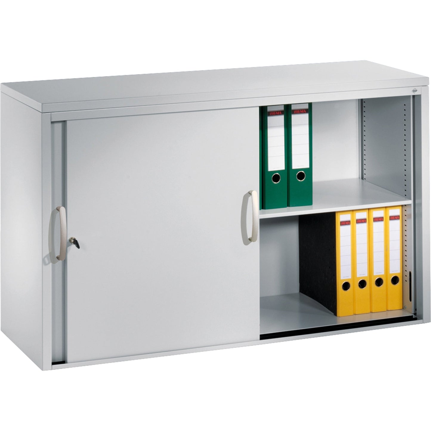 C+P Schiebetürenschrank Acurado 1.200 x 720 x 400 mm (B x H x T) 2 Fachböden Stahl, lackiert Farbe der Front: lichtgrau Farbe des Korpus: lichtgrau