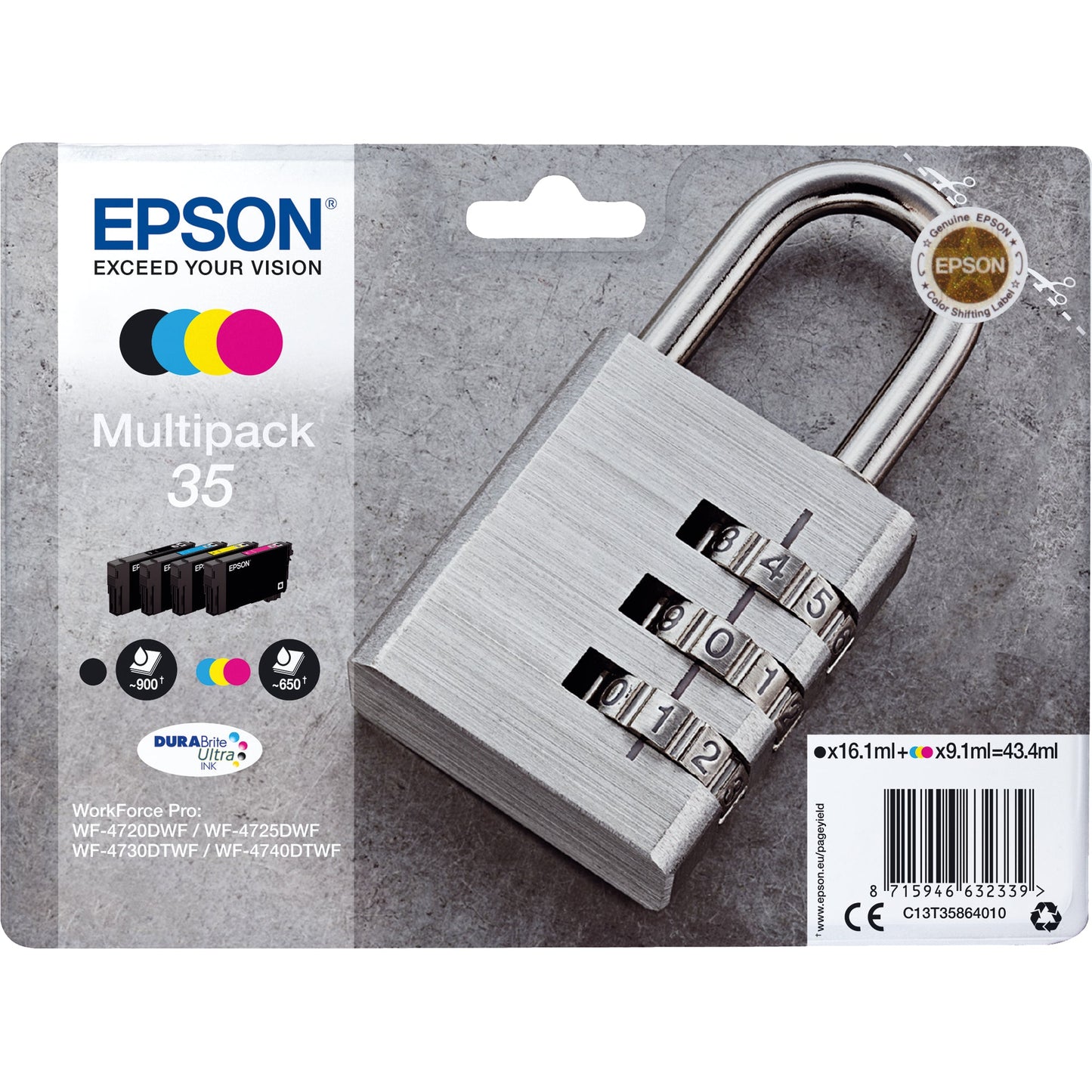 Epson Tintenpatrone Originalzubehör 35 ca. 950 Seiten schwarz, ca. 3 x 650 Seiten farbig schwarz, mehrfarbig 4 St./Pack.