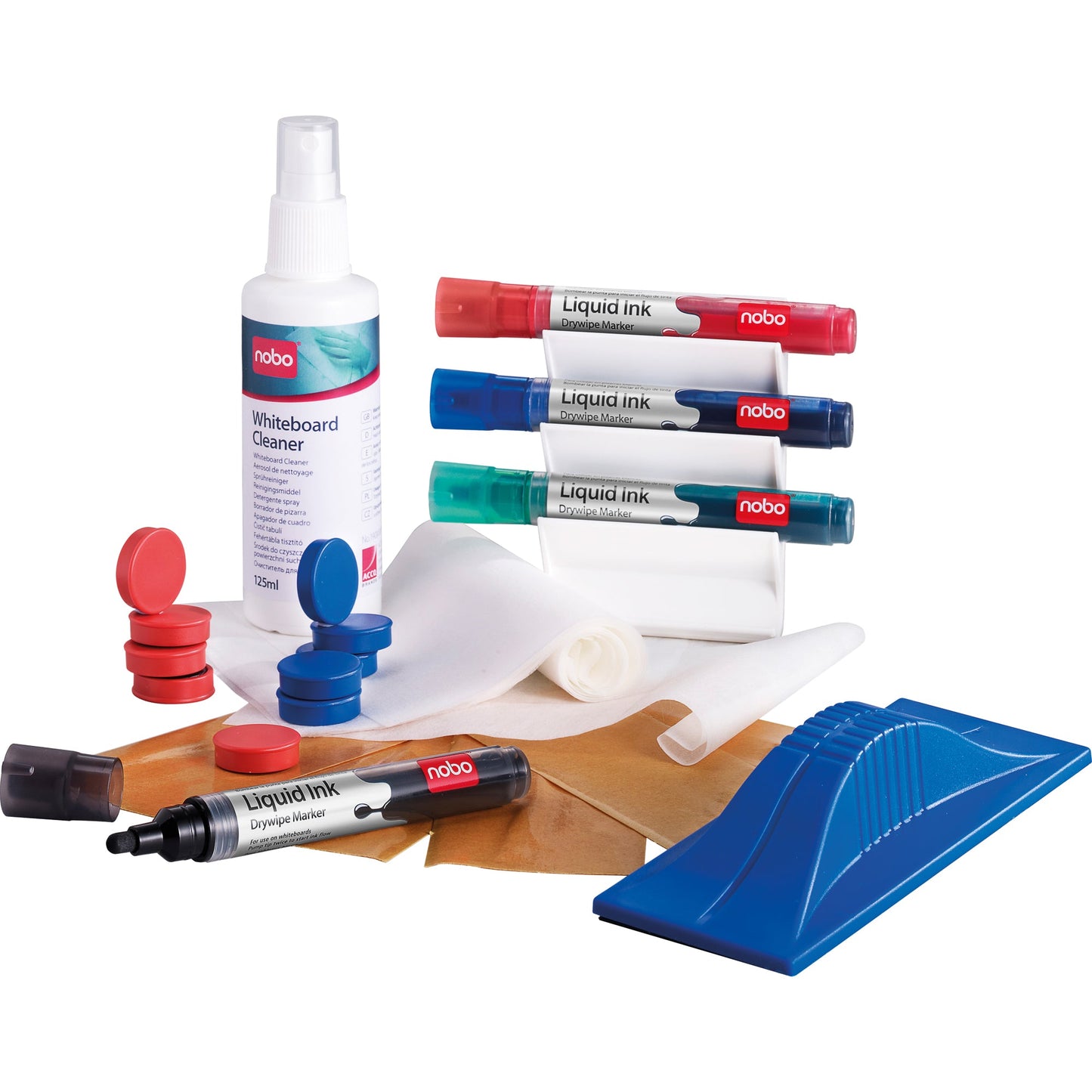 Nobo® Starterset Whiteboard 4 Nobo Liquid Ink Marker, 1 magnethaftender Tafelwischer, 5 Ersatz-Löschfilz, 1 magnethaftender Stiftehalter, 10 Magnete 25 mm, 10 Trockentücher (80 % Polyester, 20 % Polyamid), 1 Flasche Reinigungsspray (125 ml)