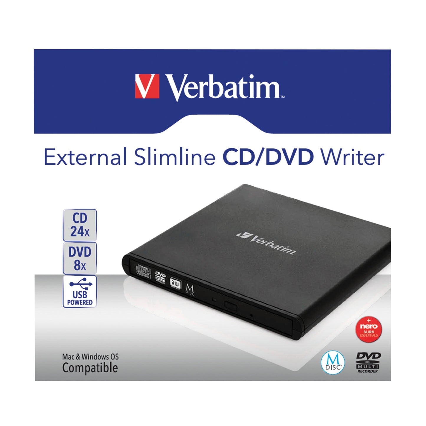 Verbatim Laufwerk extern Slimline CD/DVD 146 x 17 x 146 mm (B x H x T) USB 2.0 M-DISC Archivmedien Windows®, Mac universell inkl. Schnellstartanleitung schwarz