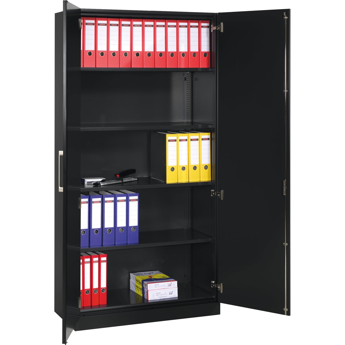 C+P Flügeltürenschrank Asisto 1.000 x 1.980 x 435 mm (B x H x T) 4 Fachböden Stahl Farbe der Front: schwarzgrau Farbe des Korpus: schwarzgrau