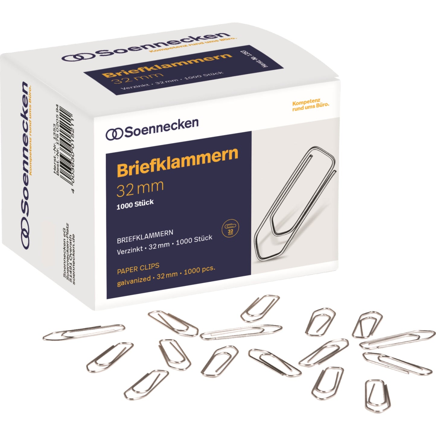 Soennecken Büroklammer spitze Form 32mm Metall, verzinkt silber 1.000 St./Pack.