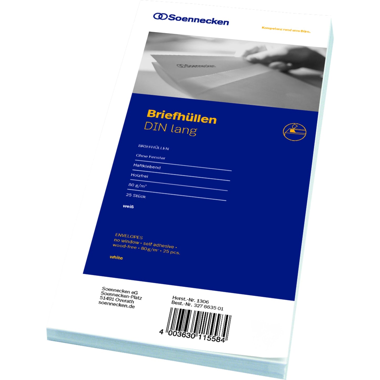 Soennecken Briefumschlag DIN lang 220 x 110 mm (B x H) mit Haftklebung ohne Fenster 80g/m² weiß 25 St./Pack.