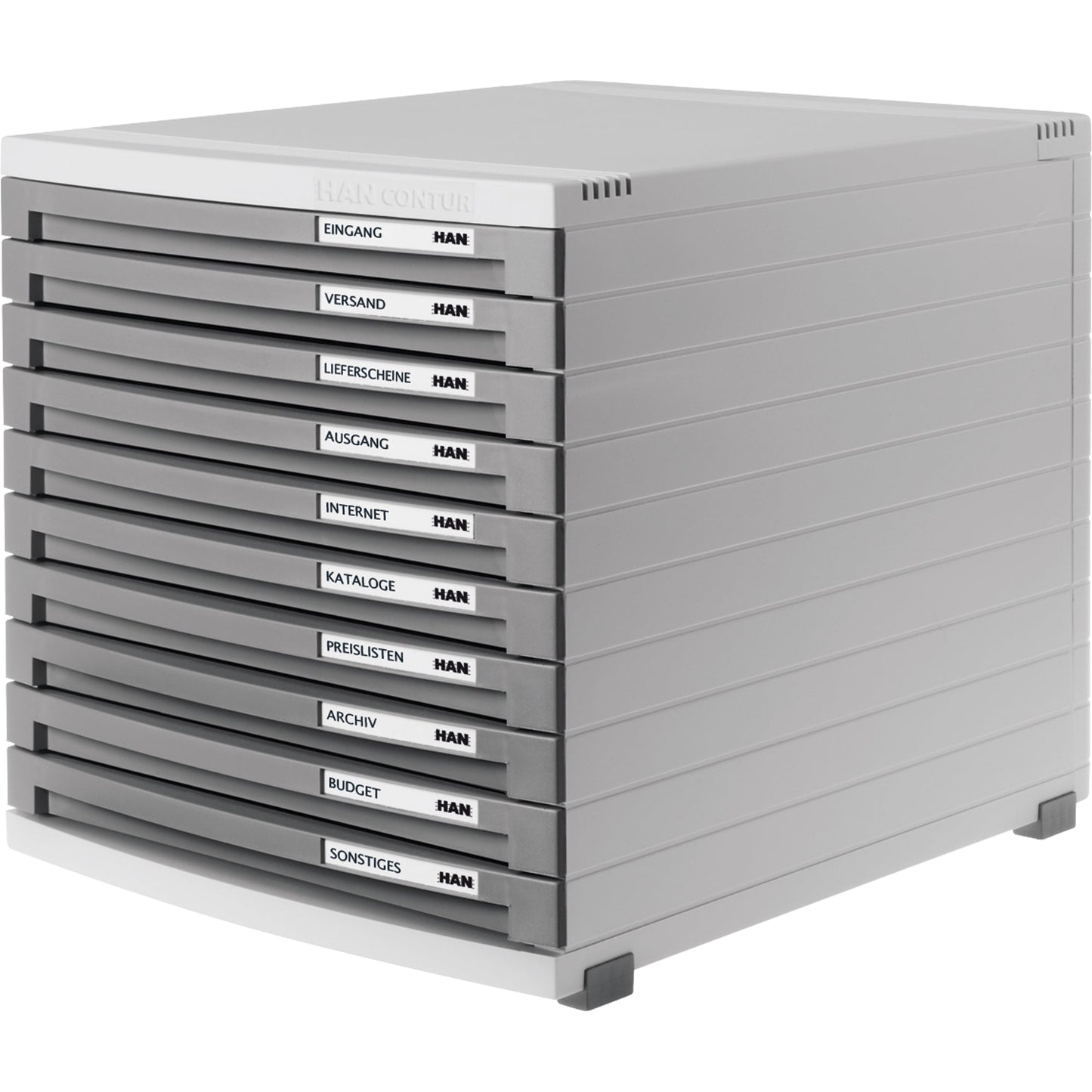 HAN Schubladenbox CONTUR 10 Schubladen DIN A4, DIN B4, DIN C4 Polystyrol Gehäusefarbe: lichtgrau Farbe der Schublade: dunkelgrau
