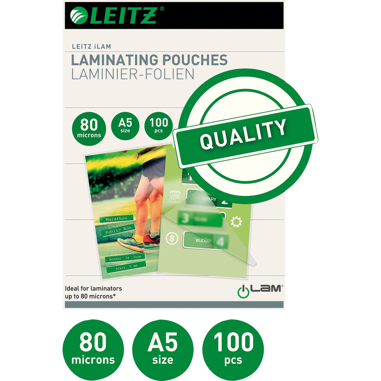 Leitz Laminierfolie 216 x 154 mm (B x H) DIN A5 80µm glänzend 100 St./Pack.
