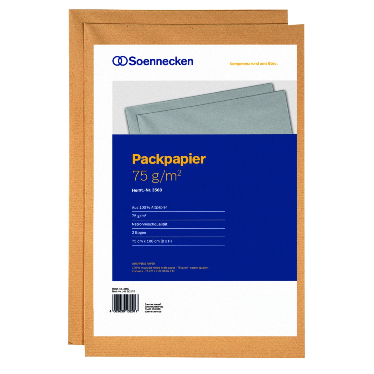 Soennecken Packpapierbogen 75 x 100 cm (B x H) 75g/m² 100 % Altpapier natronbraun 2 Bg./Pack.