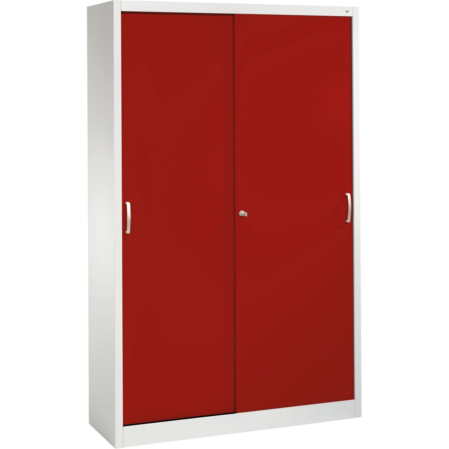C+P Schiebetürenschrank Acurado 1.200 x 1.950 x 400 mm (B x H x T) 4 Fachböden Stahl, lackiert Farbe der Front: rubinrot Farbe des Korpus: lichtgrau