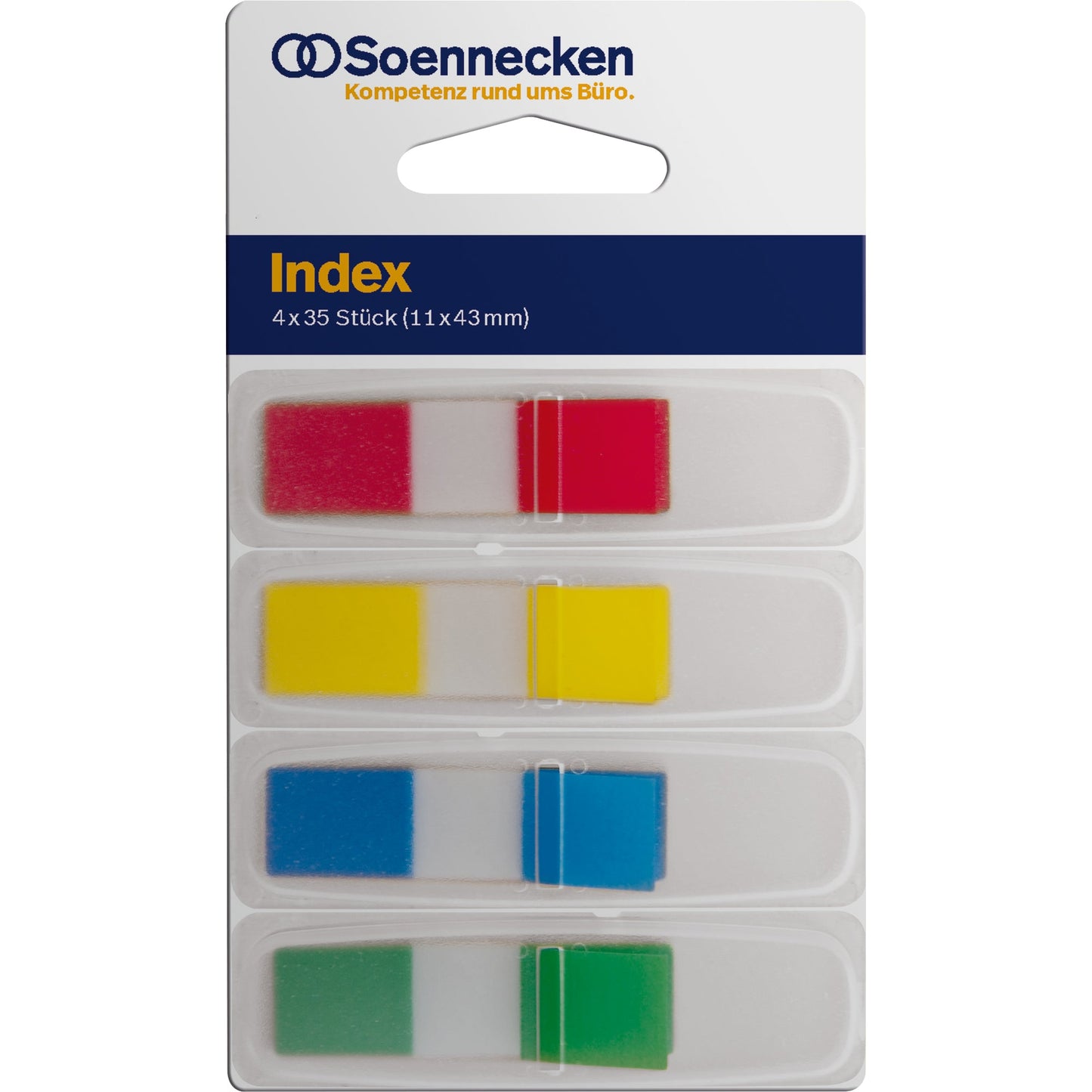 Soennecken Haftstreifen Index Mini 43 x 12,5 mm (B x H) gelb, rot, blau, grün 36 Bl./Block 4 Block/Pack.