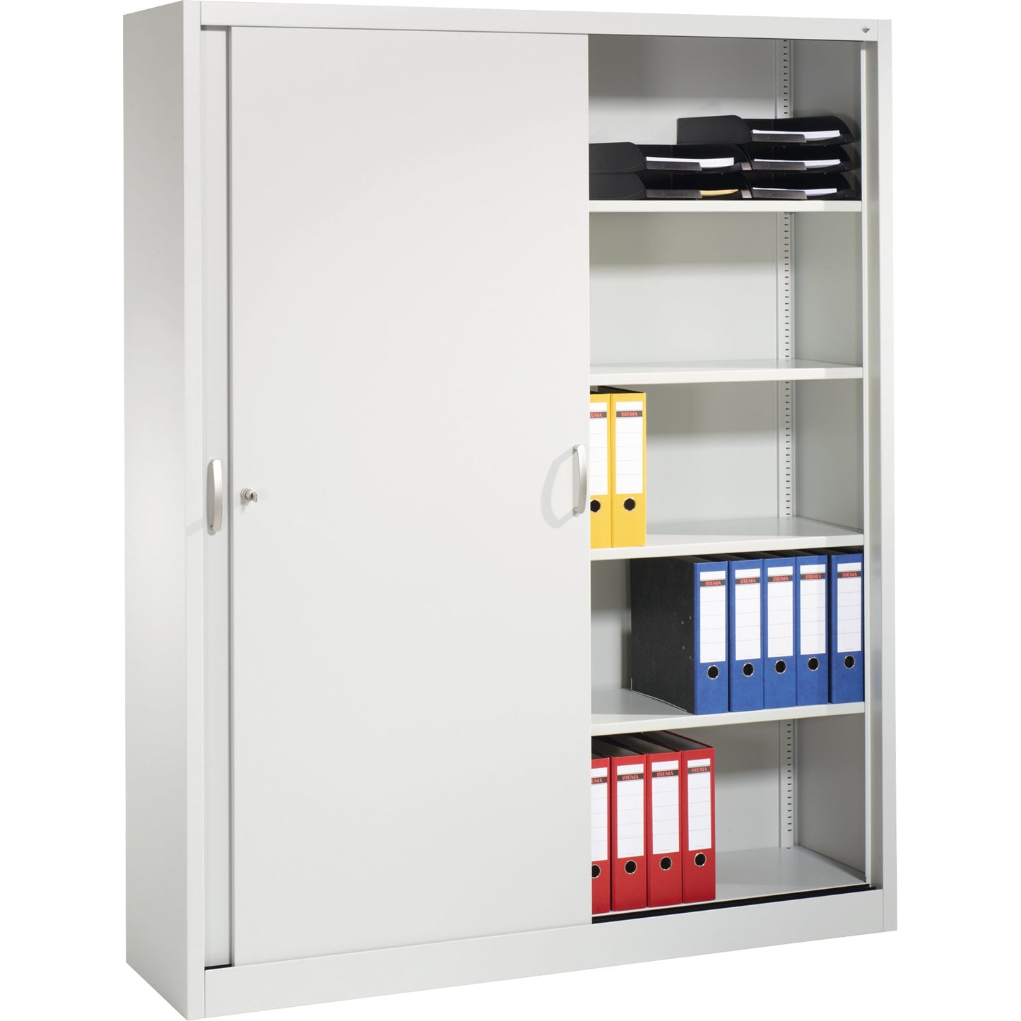 C+P Schiebetürenschrank Acurado 1.600 x 1.950 x 400 mm (B x H x T) 8 Fachböden Stahl, lackiert Farbe der Front: lichtgrau Farbe des Korpus: lichtgrau