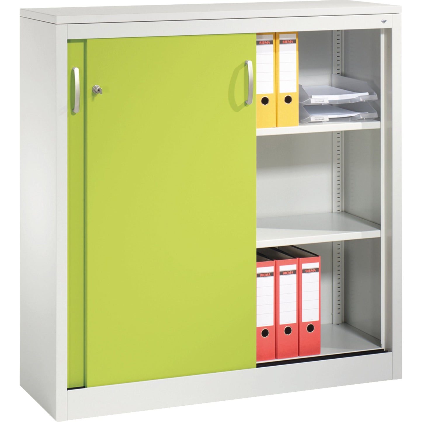 C+P Schiebetürenschrank Acurado 1.200 x 1.200 x 400 mm (B x H x T) 2 Fachböden Stahl, lackiert Farbe der Front: clowngrün Farbe des Korpus: lichtgrau