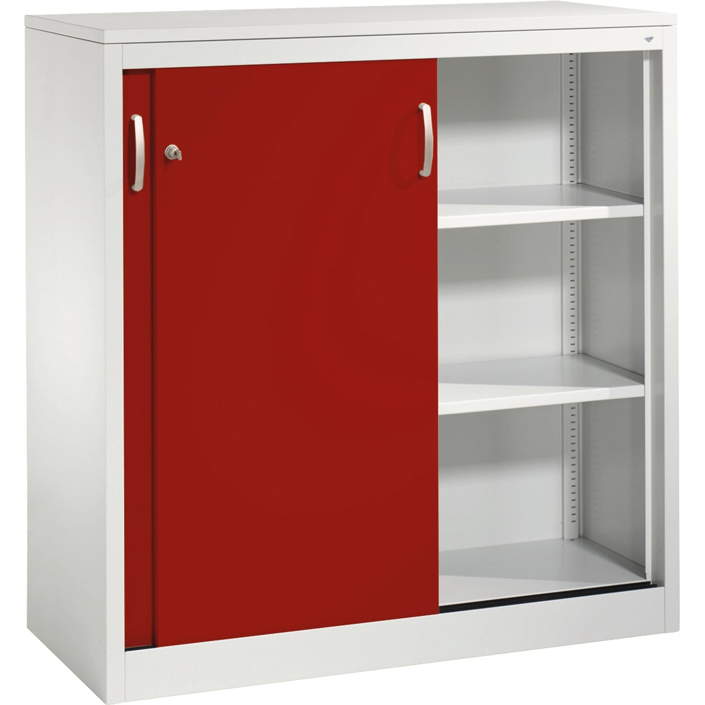 C+P Schiebetürenschrank Acurado 1.200 x 1.200 x 500 mm (B x H x T) 2 Fachböden Stahl, lackiert Farbe der Front: rubinrot Farbe des Korpus: lichtgrau