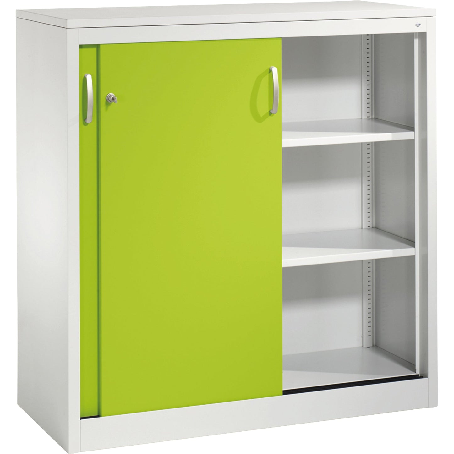 C+P Schiebetürenschrank Acurado 1.200 x 1.200 x 500 mm (B x H x T) 2 Fachböden Stahl, lackiert Farbe der Front: clowngrün Farbe des Korpus: lichtgrau
