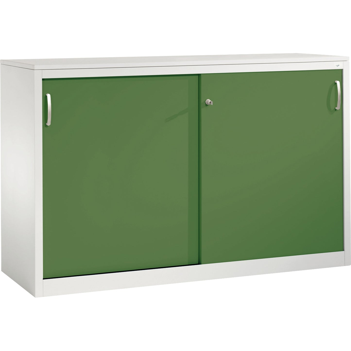 C+P Schiebetürenschrank Acurado 1.600 x 1.000 x 500 mm (B x H x T) 2 x 2 Fachböden Stahl, lackiert Farbe der Front: resedagrün Farbe des Korpus: lichtgrau