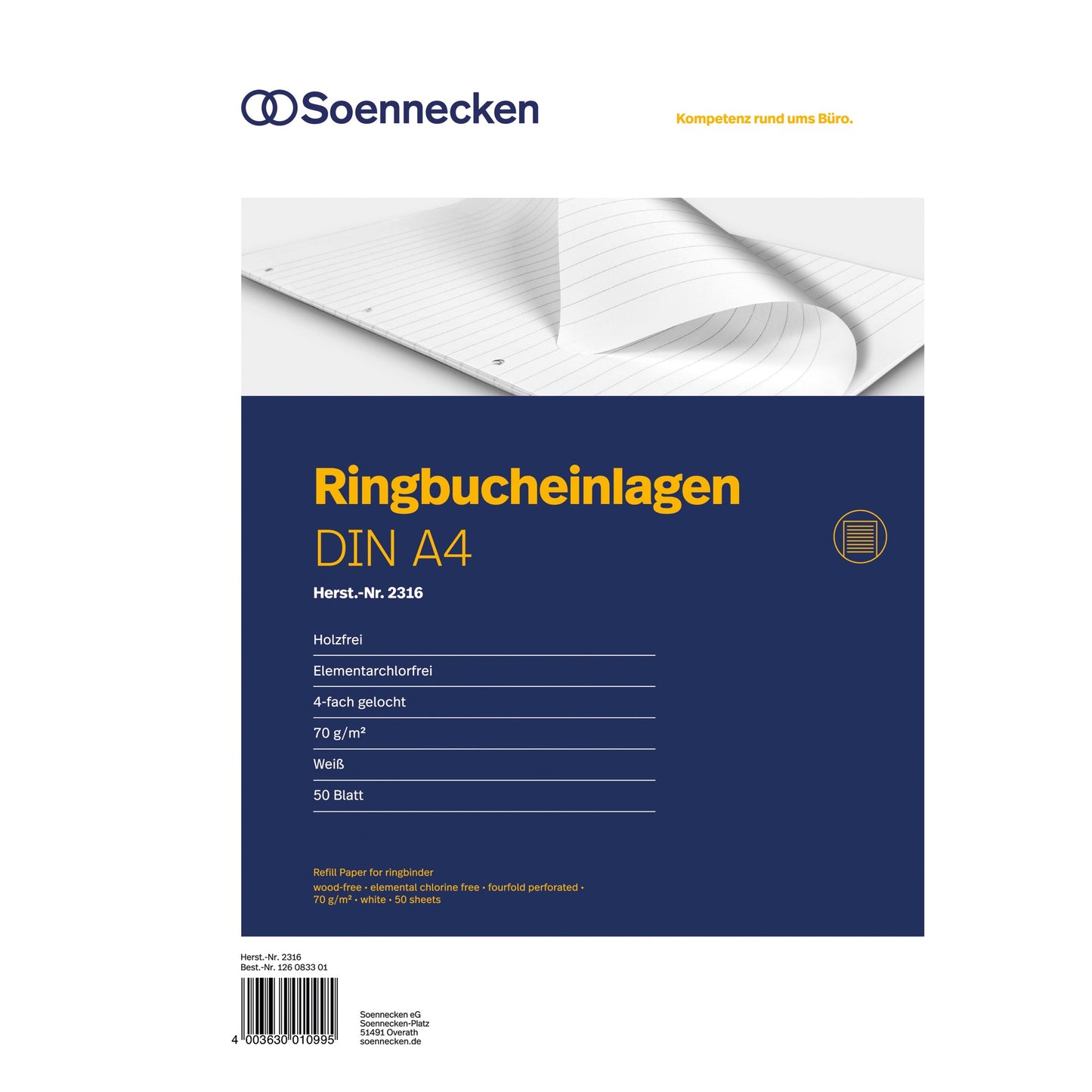 Soennecken Ringbucheinlage DIN A4 liniert 70g/m² 4fach Lochung weiß 50 Bl./Pack.
