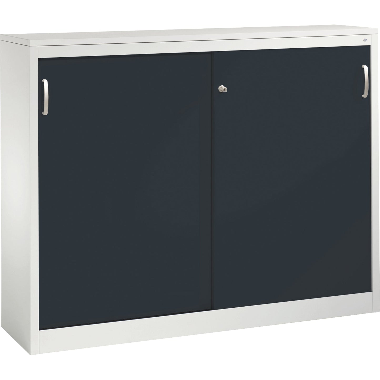 C+P Schiebetürenschrank Acurado 1.600 x 1.200 x 400 mm (B x H x T) 2 x 2 Fachböden Stahl, lackiert Farbe der Front: schwarzgrau Farbe des Korpus: lichtgrau