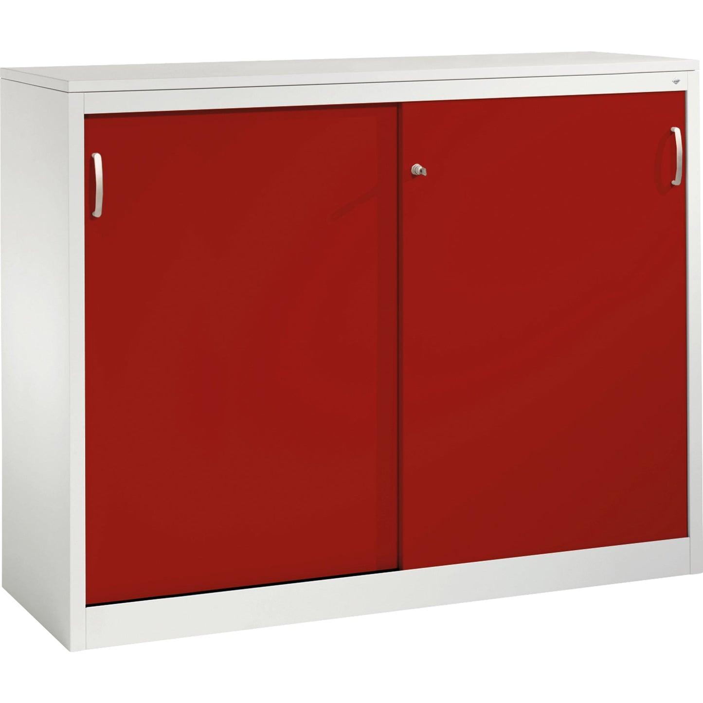 C+P Schiebetürenschrank Acurado 1.600 x 1.200 x 500 mm (B x H x T) 2 x 2 Fachböden Stahl, lackiert Farbe der Front: rubinrot Farbe des Korpus: lichtgrau