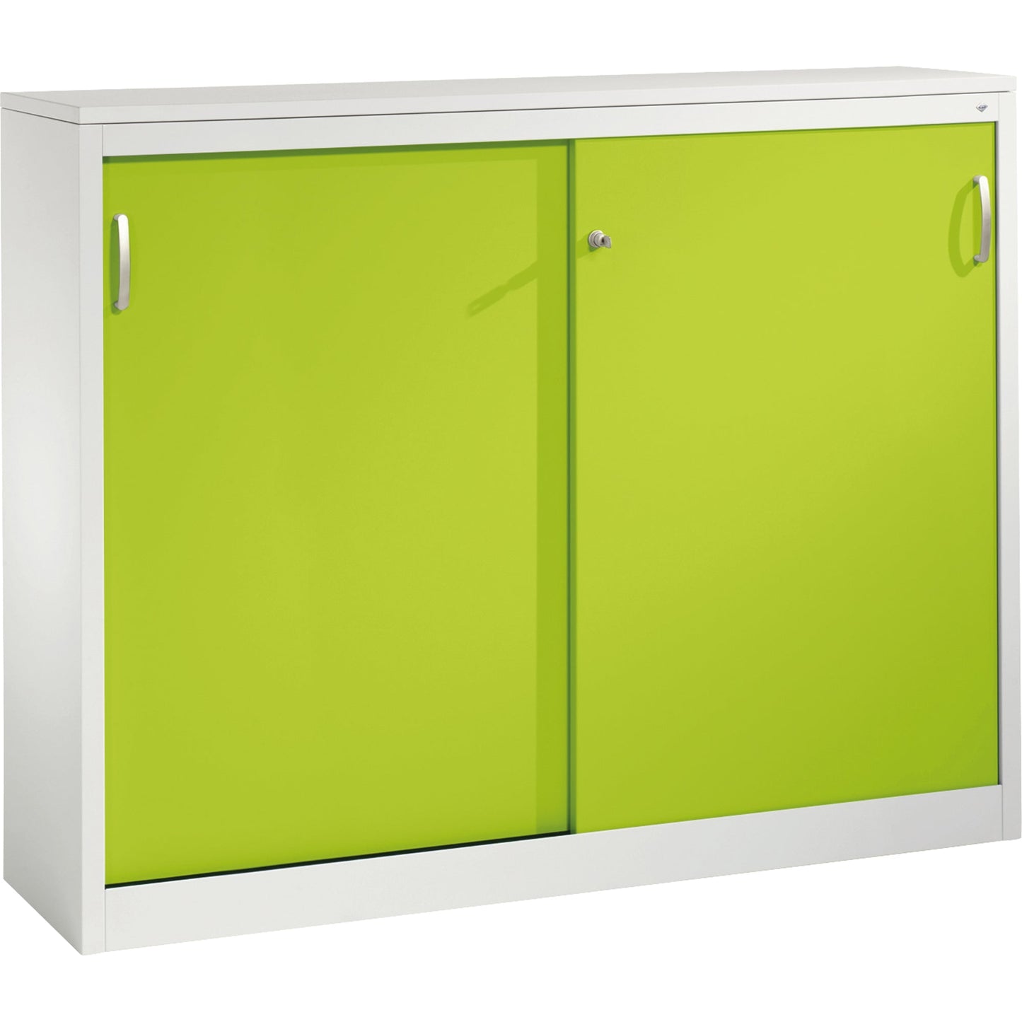 C+P Schiebetürenschrank Acurado 1.600 x 1.200 x 400 mm (B x H x T) 2 x 2 Fachböden Stahl, lackiert Farbe der Front: clowngrün Farbe des Korpus: lichtgrau