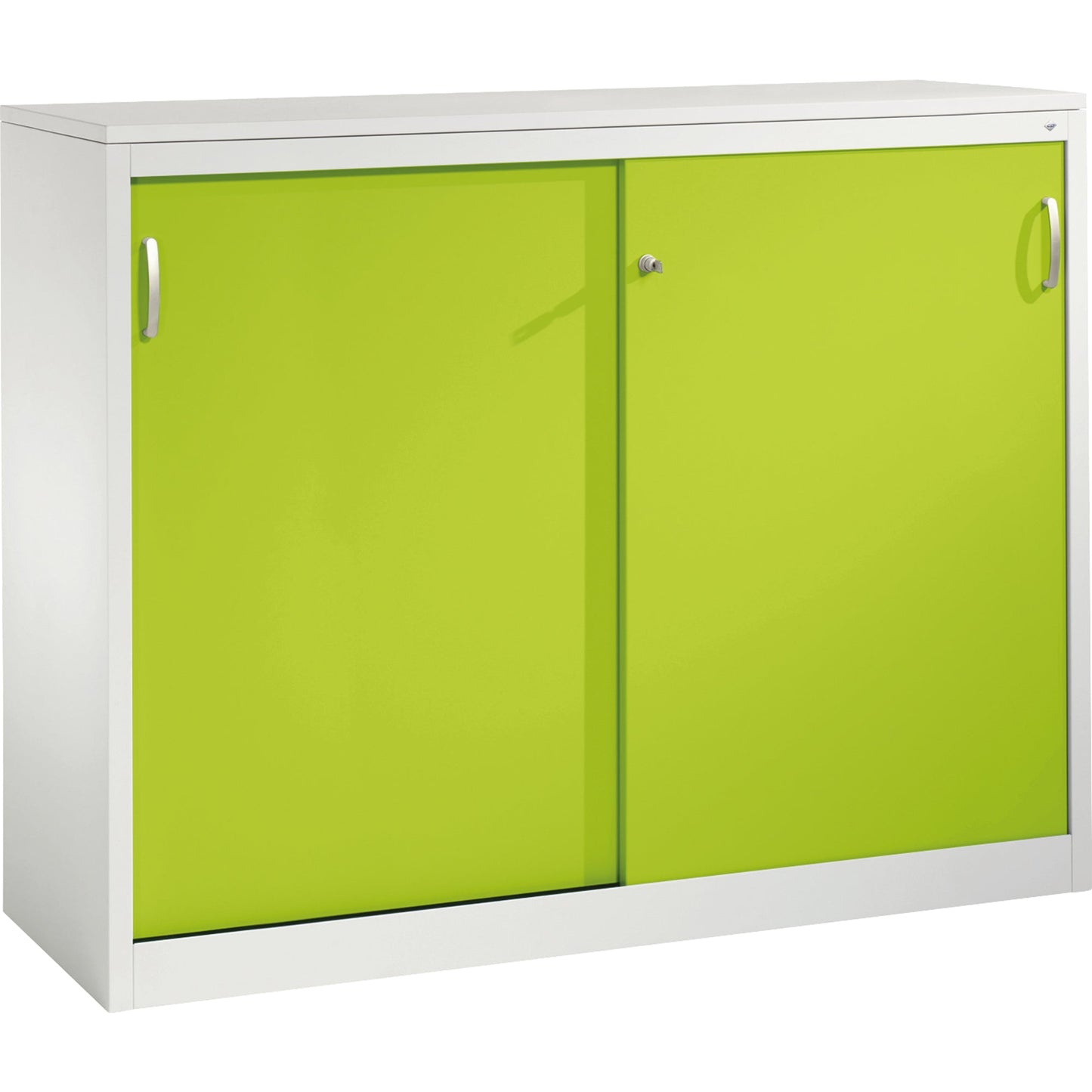 C+P Schiebetürenschrank Acurado 1.600 x 1.200 x 500 mm (B x H x T) 2 x 2 Fachböden Stahl, lackiert Farbe der Front: clowngrün Farbe des Korpus: lichtgrau