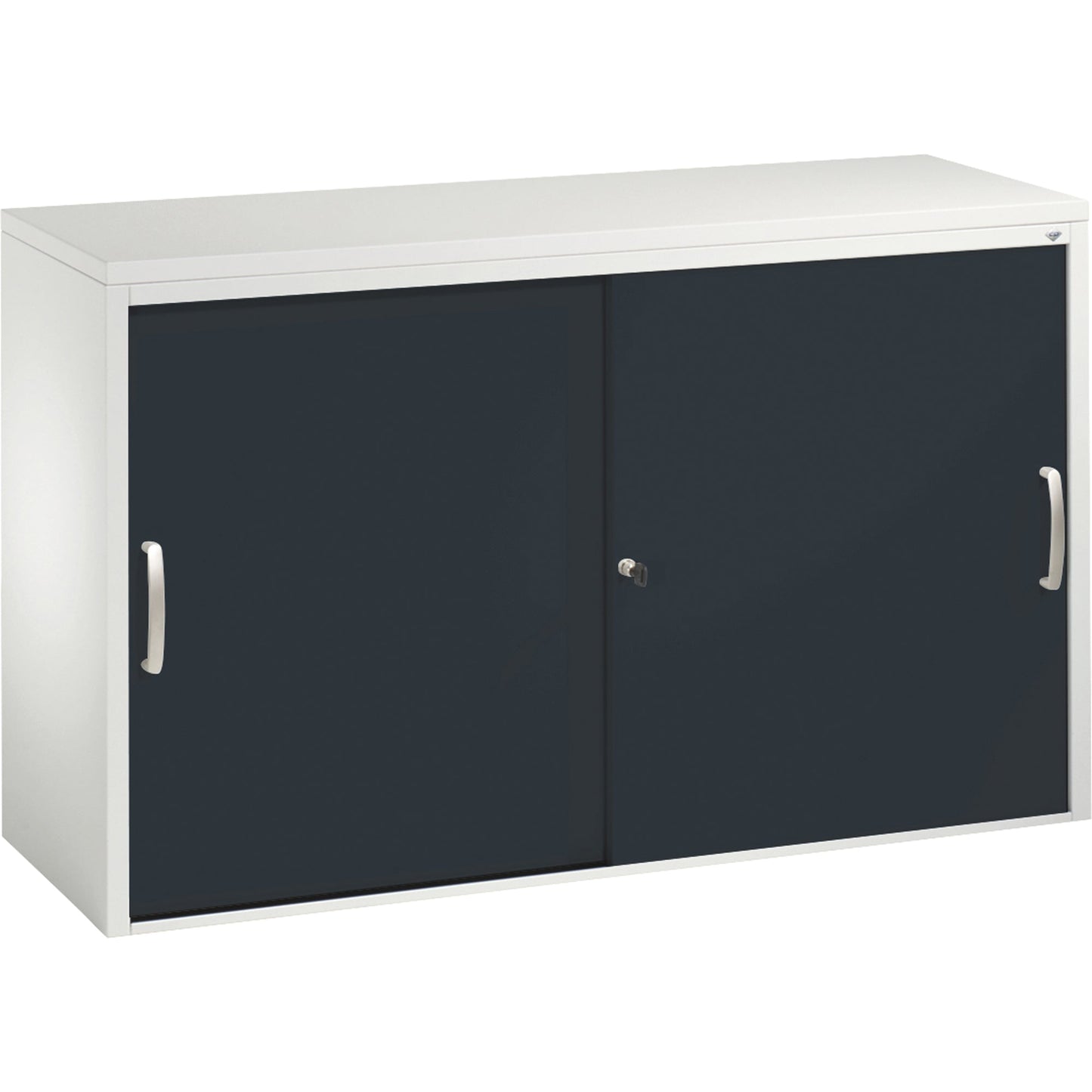 C+P Schiebetürenschrank Acurado 1.200 x 720 x 400 mm (B x H x T) 2 Fachböden Stahl, lackiert Farbe der Front: schwarzgrau Farbe des Korpus: lichtgrau