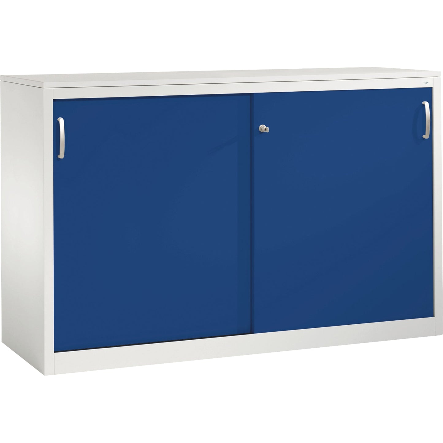 C+P Schiebetürenschrank Acurado 1.600 x 1.000 x 500 mm (B x H x T) 2 x 2 Fachböden Stahl, lackiert Farbe der Front: enzianblau Farbe des Korpus: lichtgrau