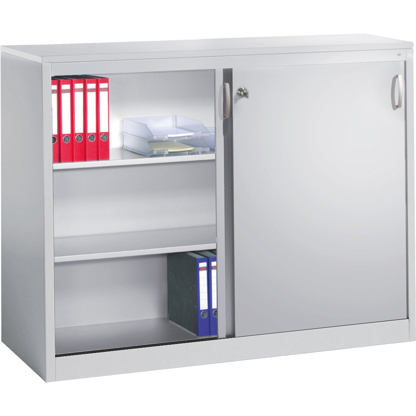 C+P Schiebetürenschrank Acurado 1.600 x 1.200 x 500 mm (B x H x T) 2 x 2 Fachböden Stahl, lackiert Farbe der Front: lichtgrau Farbe des Korpus: lichtgrau