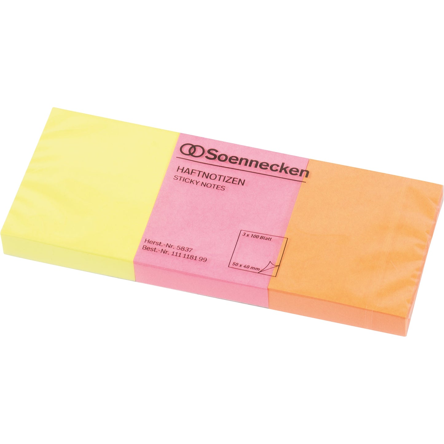Soennecken Haftnotiz 40 x 50 mm (B x H) neonfarben 100 Bl./Block 3 Block/Pack.