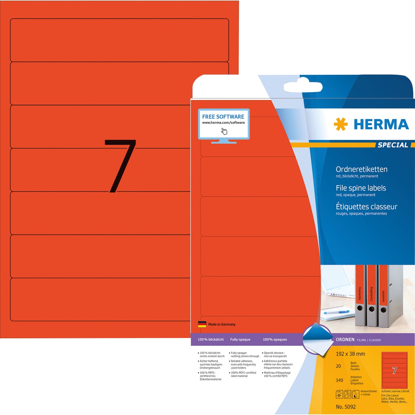 HERMA Ordnerrückenetikett schmal/kurz 38 x 192 mm (B x H) selbstklebend ohne Griffloch rot 140 Etik./Pack.