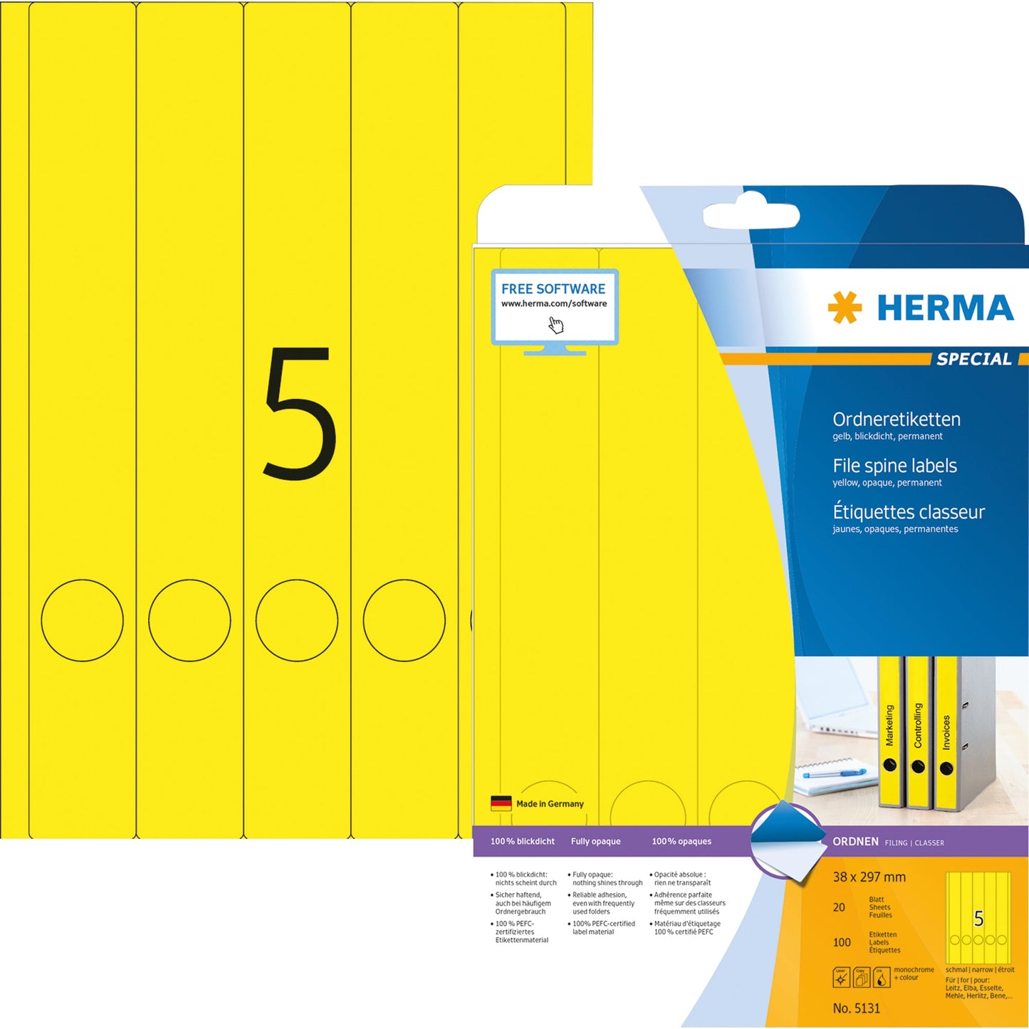 HERMA Ordnerrückenetikett schmal/lang 38 x 297 mm (B x H) selbstklebend mit Griffloch gelb 100 Etik./Pack.