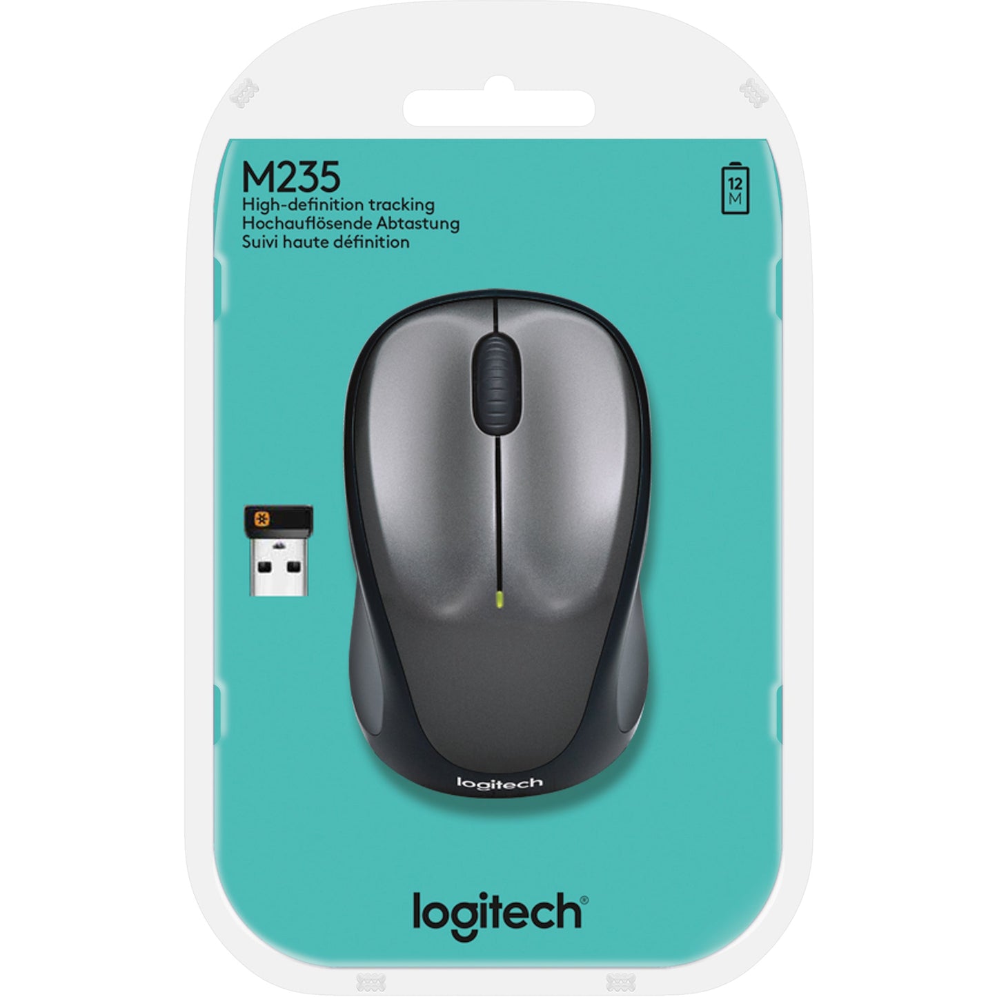Logitech Optische PC Maus M235 Links- und Rechtshänder nicht ergonomisch USB-A 25m Batterie inkl. Unifying-Empfänger grau