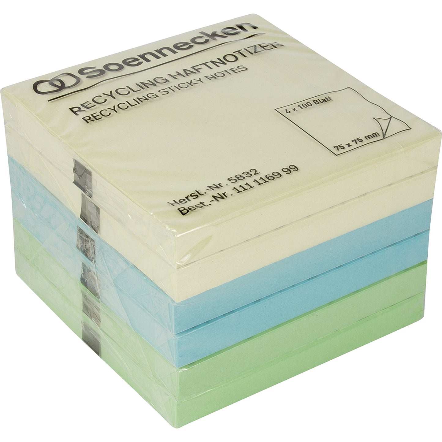 Soennecken Haftnotiz oeco Recycling 75 x 75 mm (B x H) farbig sortiert 100 Bl./Block 6 Block/Pack.