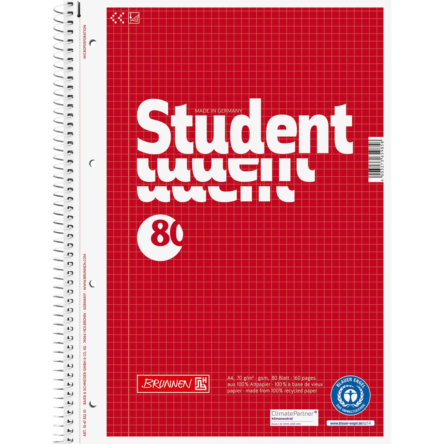 BRUNNEN Collegeblock Student Recycling DIN A4 kariert 70g/m² rot 80 Bl.