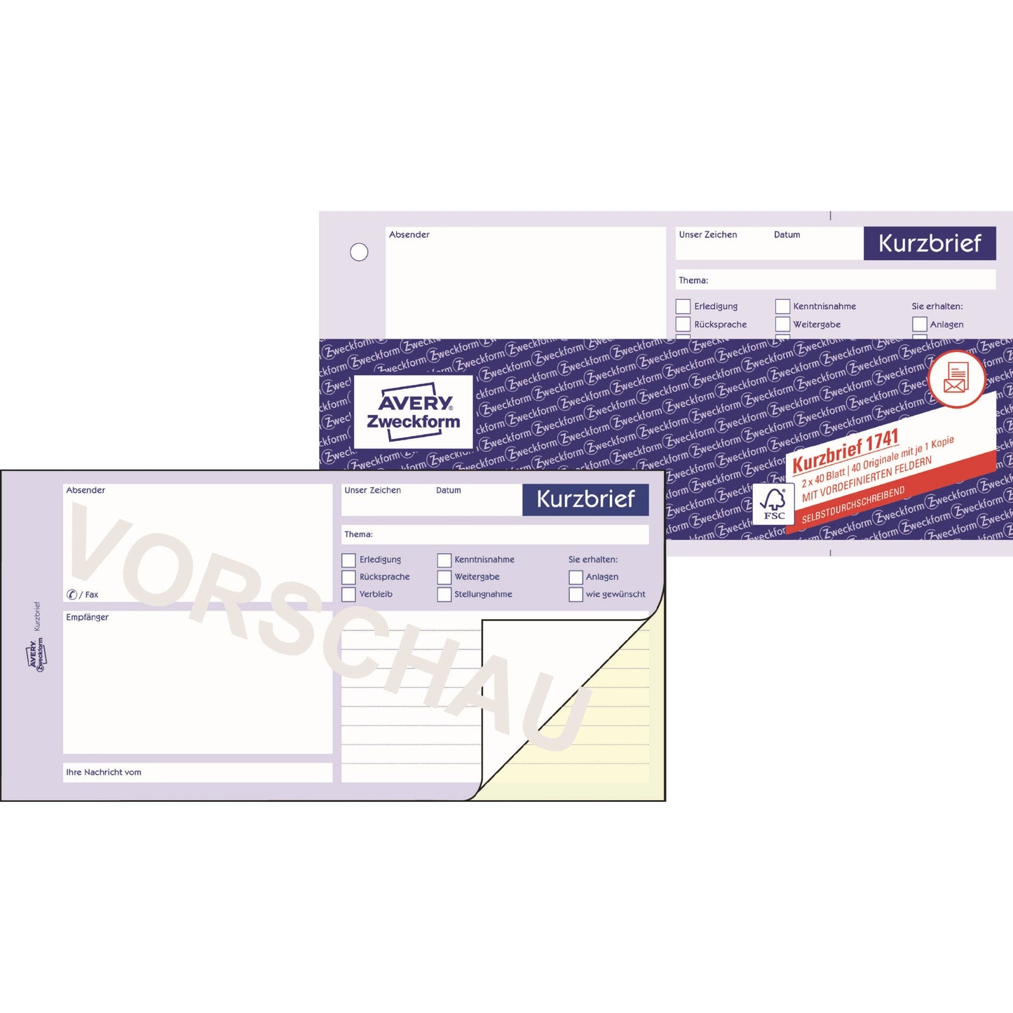 Avery Zweckform Kurzbrief 1741 1/3 DIN A4 selbstdurchschreibend 1 Durchschlag 2 x 40 Bl.