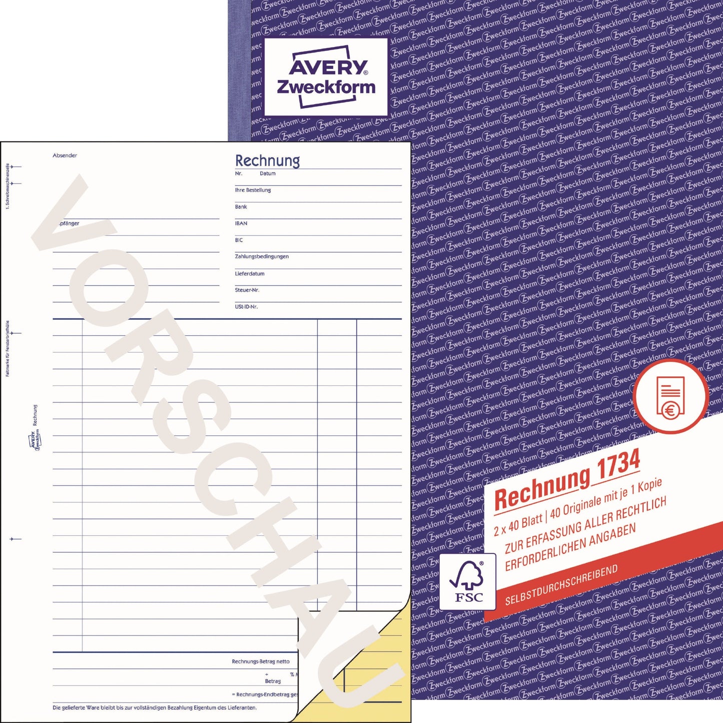 Avery Zweckform Rechnung 1734 DIN A4 1 Durchschlag 2 x 40 Bl.