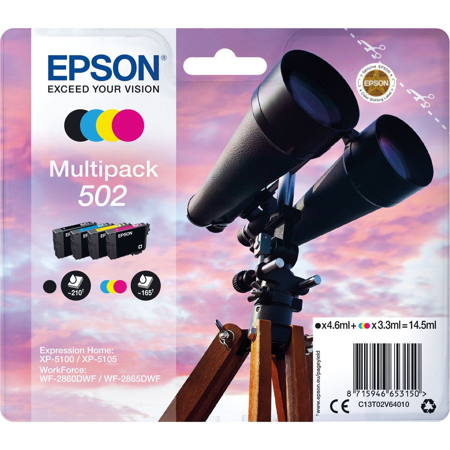 Epson Tintenpatrone Originalzubehör 502 ca. 210 Seiten schwarz, ca. 3 x 160 Seiten farbig schwarz, mehrfarbig 4 St./Pack.