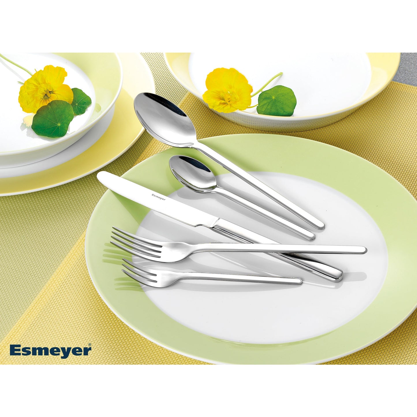Esmeyer® Besteckgarnitur BETTINA Mehrweg 36 x Menümesser, Menülöffel, Menügabel, Kaffeelöffel, Kuchengabel, 1 x Besteckbehälter Edelstahl 18/10, hochglanz-poliert silber