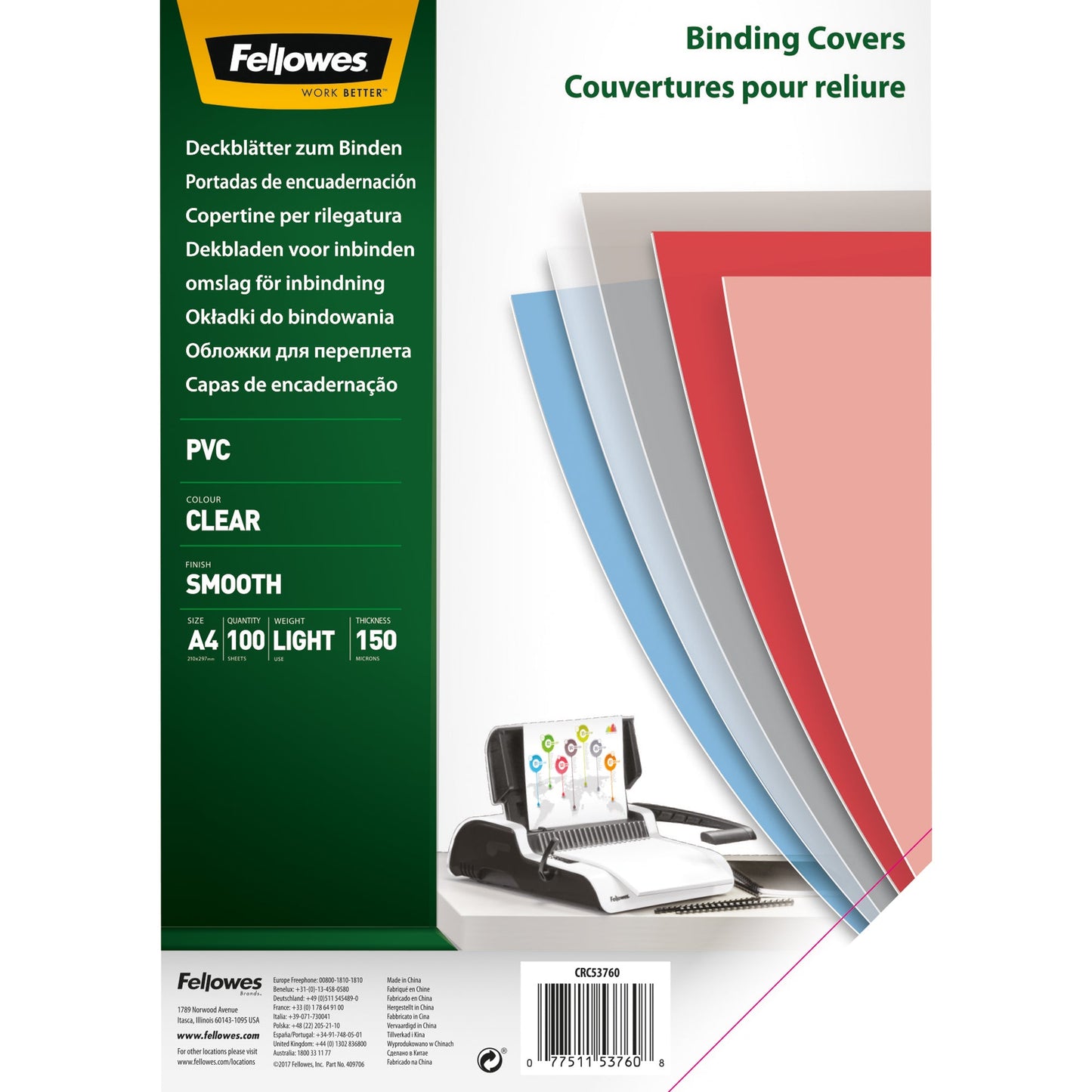 Fellowes® Deckblattfolie DIN A4 150µm PVC transparent 100 St./Pack.