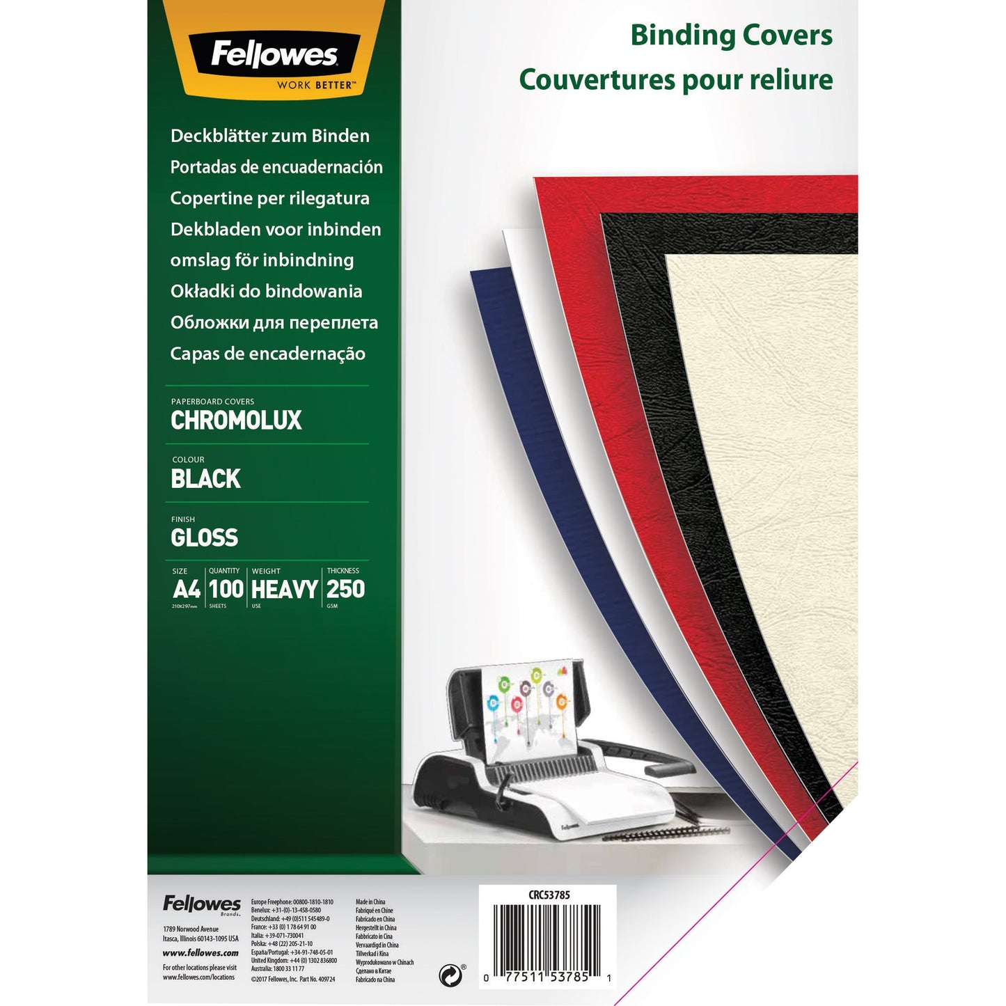 Fellowes® Einbanddeckel Chromolux DIN A4 250g/m² Karton schwarz 100 St./Pack.