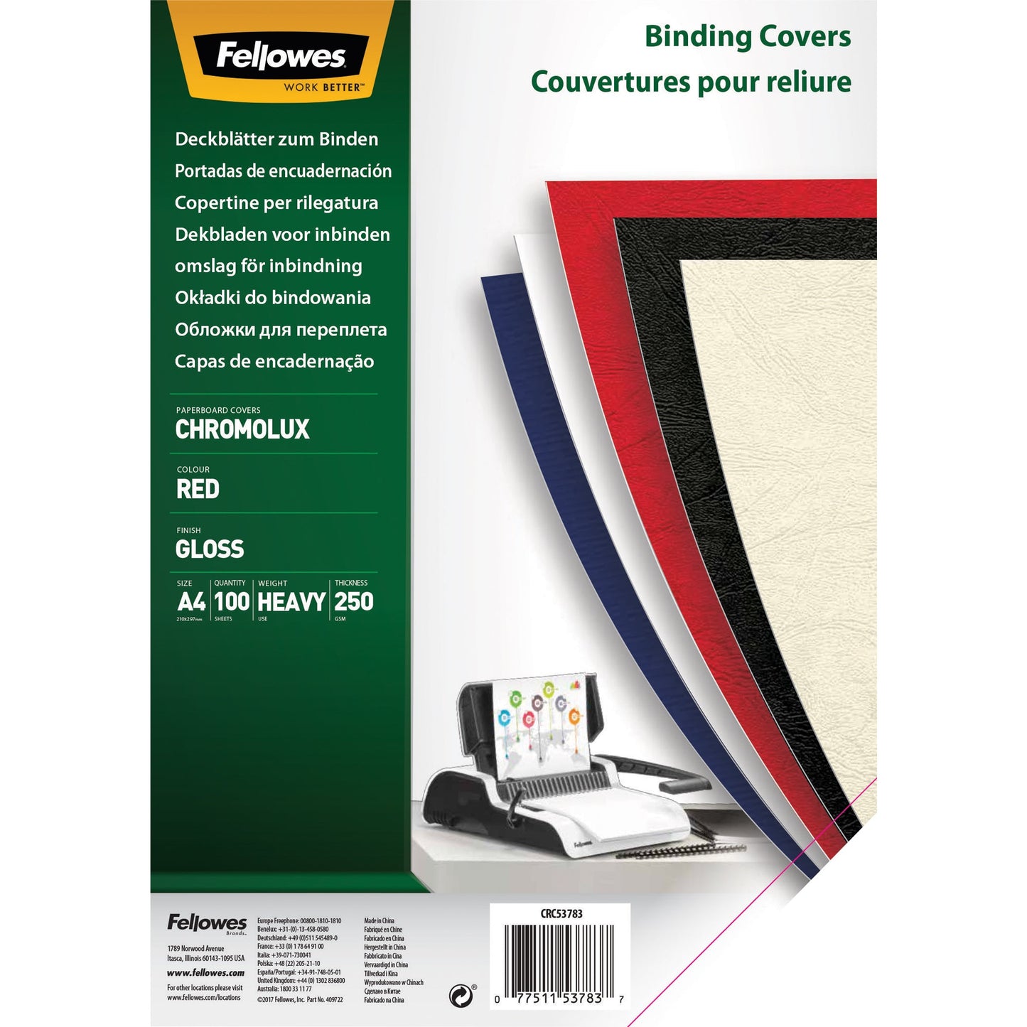 Fellowes® Einbanddeckel Chromolux DIN A4 250g/m² Karton rot 100 St./Pack.