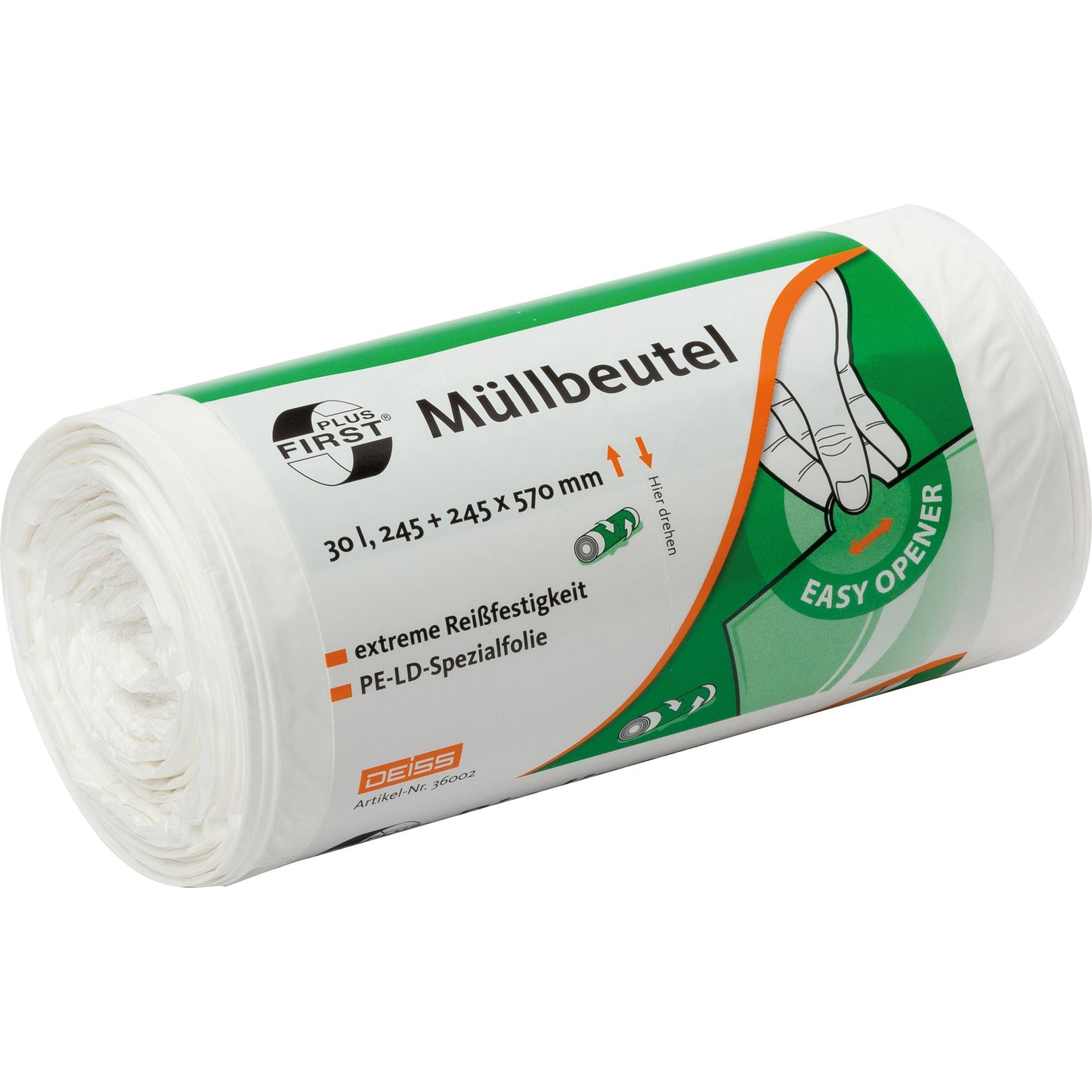 FIRST Müllbeutel 30,5+30,5 x 85 cm (B x H) 14µm 70l LDPE weiß 50 St./Pack.