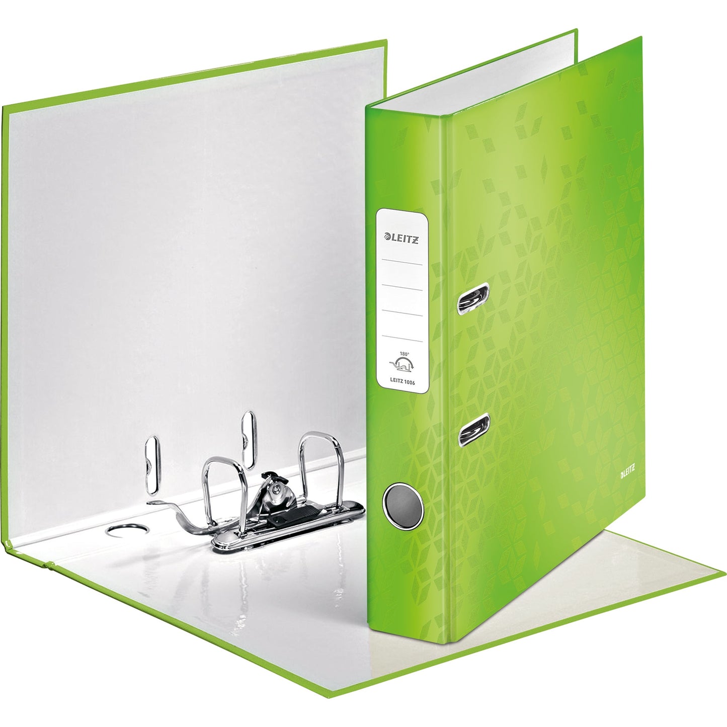 Leitz Ordner WOW 52mm DIN A4 Rückenschild: geklebt mit Schlitzen Werkstoff: Graupappe Material außen: Papier, laminiert Material innen: Papier, laminiert grün